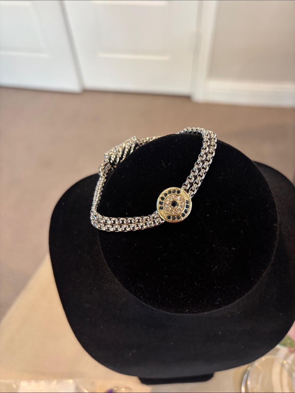 Silver Evil Eye Bracelet with Gold Accent Disc